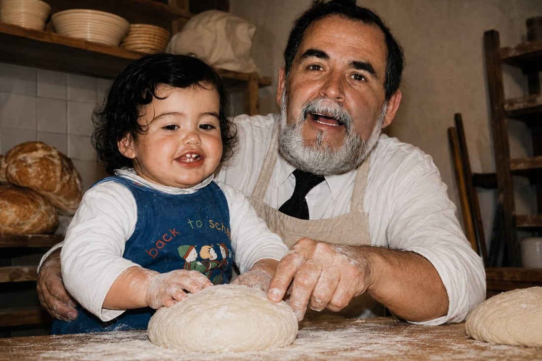 El abuelo Emilio amasando, en la foto que cuelga en la tienda